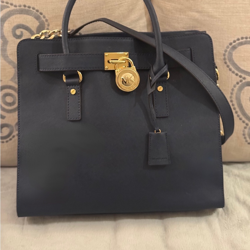 Michael Kors Navy Hamilton Satchel with Gold Accents